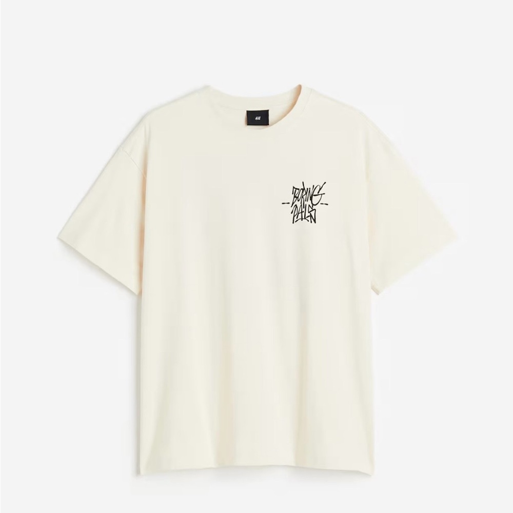 men’s graphic beige tee with black print size m